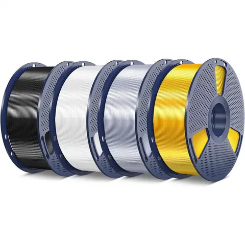 Silk PLA Filament 4kg Bundle, Shiny Surface 1.75mm ±0.02mm, 1kg Spool 4 Packs (Light Gold+Silver+Black+White)