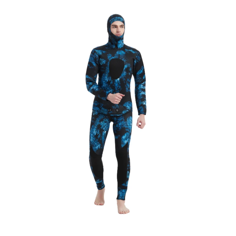 2022 New Camo Neoprene Scuba Diving 5mm Winter Warm Mens Hooded Two Piece Snorkeling Spearfishing Wetsuit