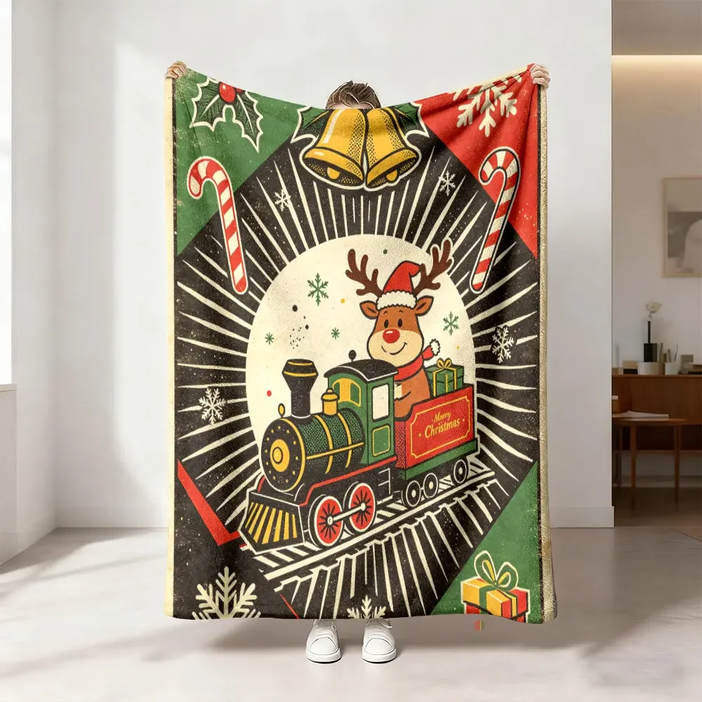 Vintage Christmas Train Reindeer Blanket Throw Cozy Holiday Xmas Decor Gift for Couch Bed 150x200cm