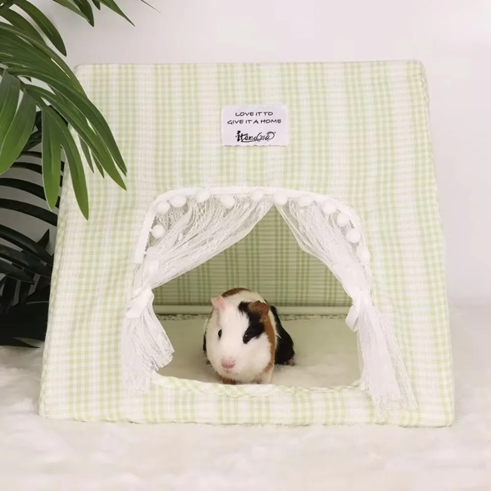 Summer Soft Cotton Rabbit Nest Villa Floral Print with Curtains Hideout Hamster Cage Bottomless For Rabbits Guinea Pig