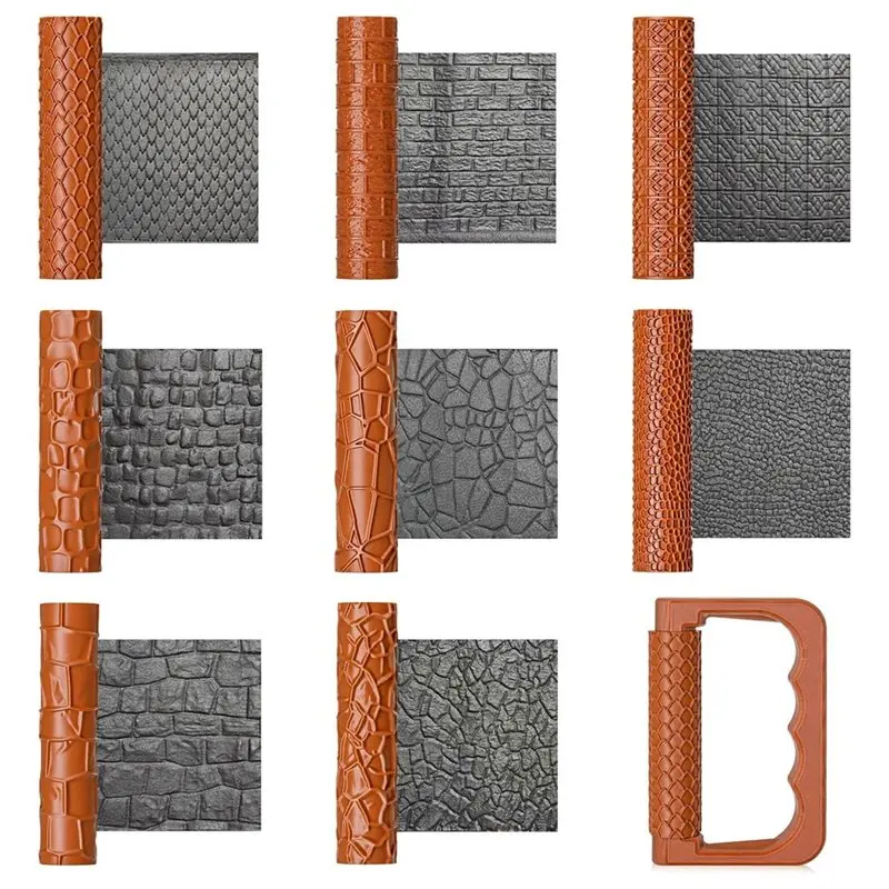 A21Q -9 Pcs Clay Texture Roller Set With Handle, 3D Printed Terrain Roads Stones Walls Roofs For Clay Crafts