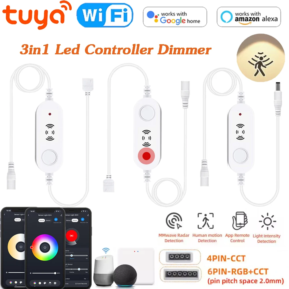 

DC12V-24V Tuya Wi-Fi DW/RGB/RGBCCT светодиодный контроллер диммер радар датчик движения человека голосовое управление через приложение мини-переключатель для Alexa Google