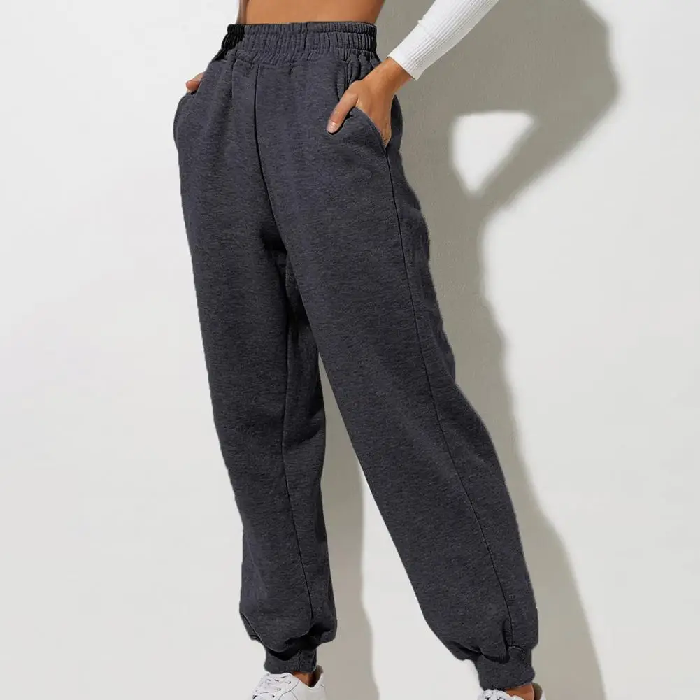 Women Pants High Elastic Waist Solid Color Casual Pants Soft Warm Pockets Loose Spring Fall Sweatpants Jogging Trousers 여성용 긴 바지