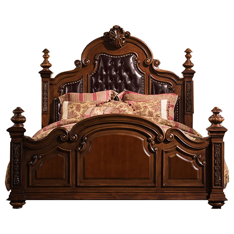 

European leather double bed master bedroom American retro solid wood bed 1.8 meters carved bed villa furniture