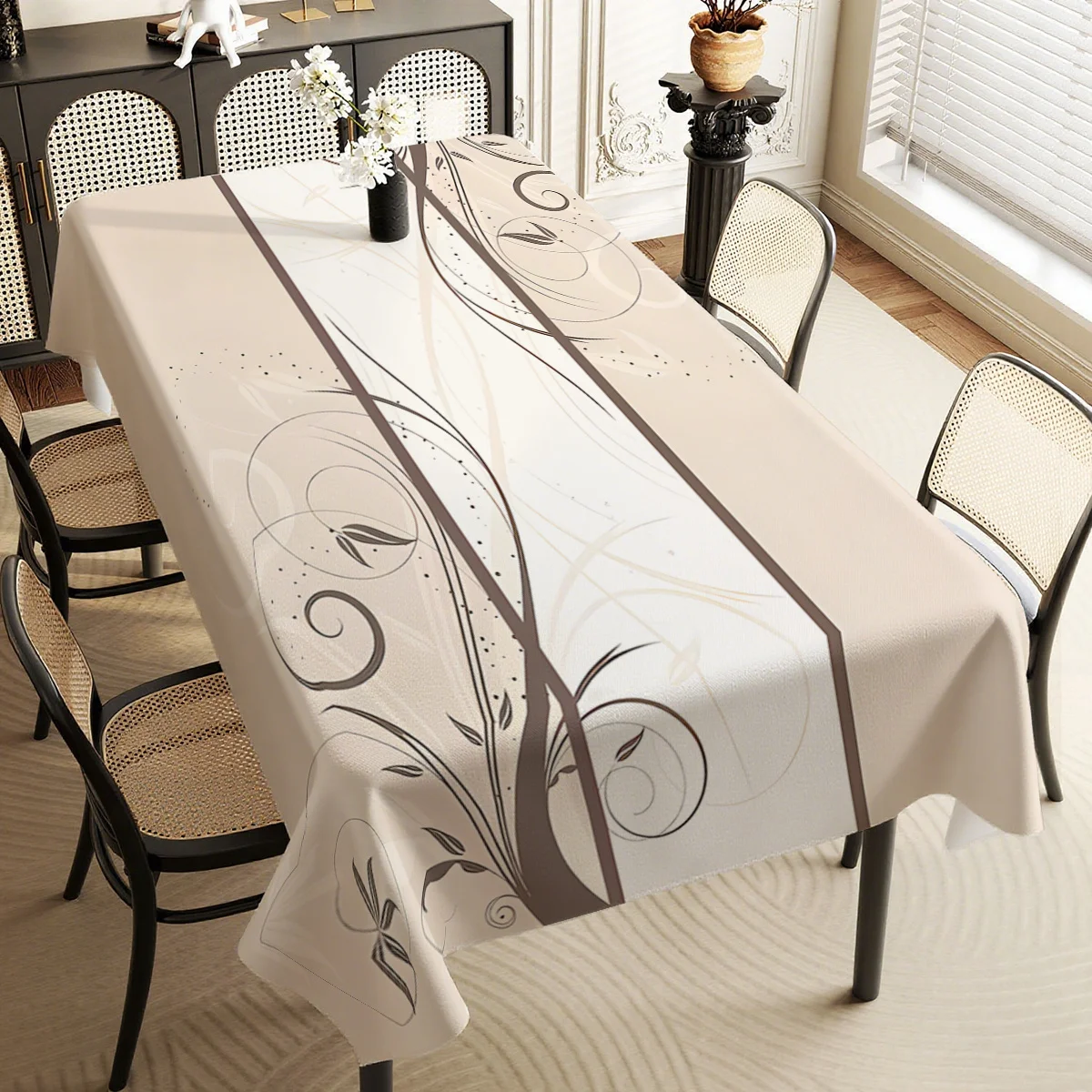 One simple striped floral tablecloth, featuring a line and plant pattern design, made of durable polyester material.