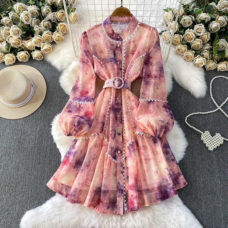 

French Elegant Lace Patchwork Long Sleeved Party Dress for Women Spring Autumn New Single Breasted Mini Dress S219