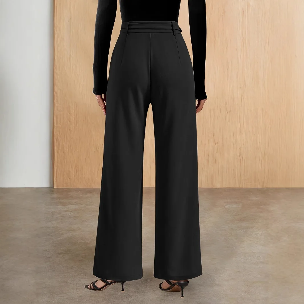 Metal Belt Paired With High-waisted Straight-leg Pants, Spring And Autumn Black High-end Drapey Women's Trousers Prom Outfits