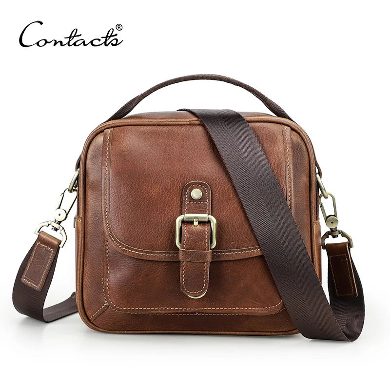 CONTACT\'S Genuine Leather Men Small Messenger Bag Male Vintage Shoulder Bags Brown Handbag Luxury Flap Travel Crossbody Bags