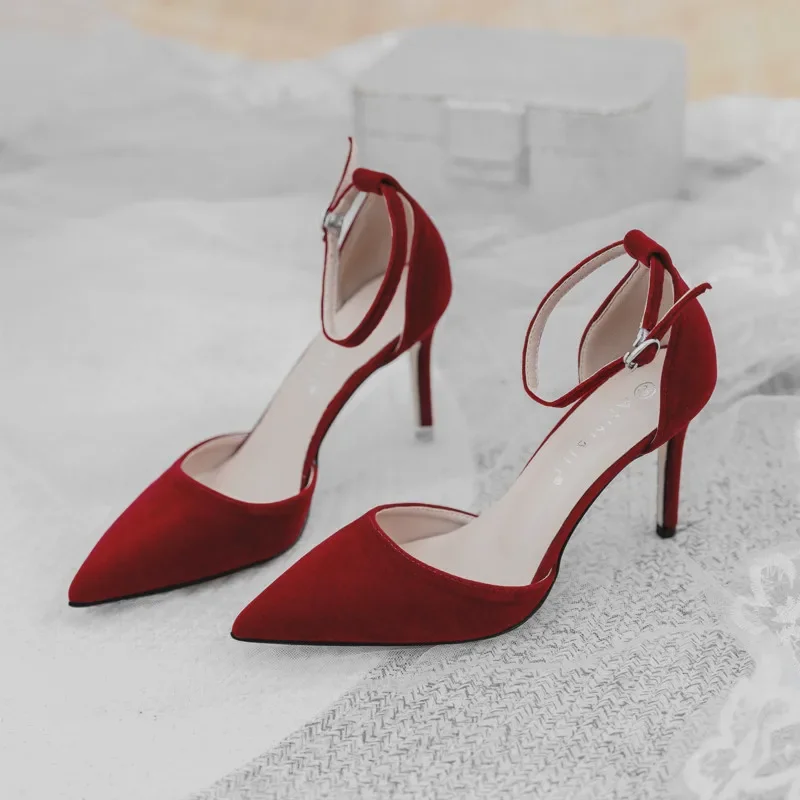 7cm Shoes Luxury Women Pointed Toe Flock Pumps High Heels Wedding Banquet Women Red Sandals 41 42 43