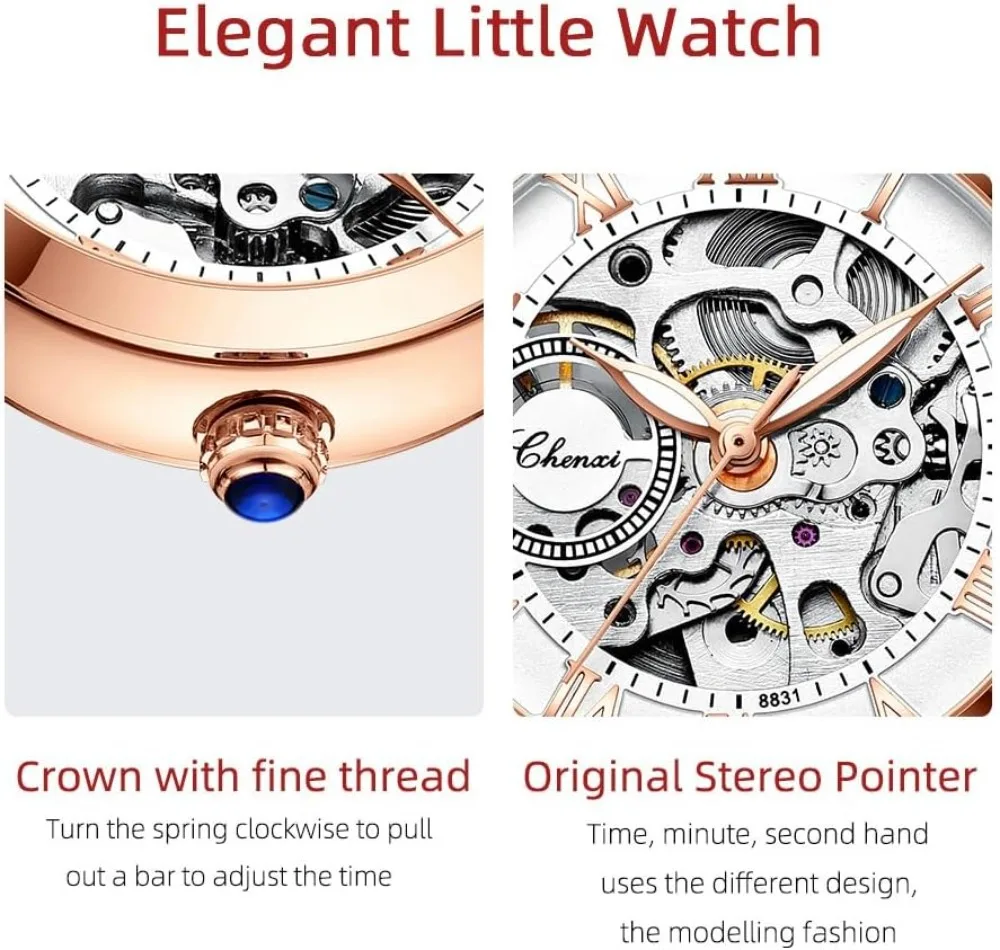 Automatic Skeleton Watch for Women - Mechanical Self-Winding with Leather Strap, Gold Bracelet