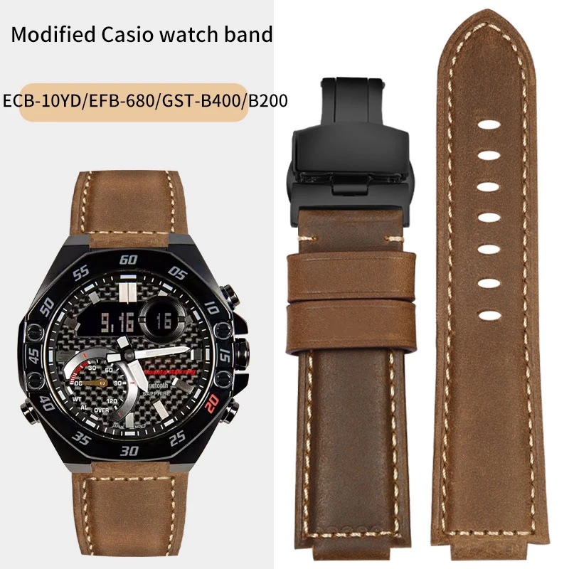 

Modified watch straps for Casio ECB-10YD/EFB-680/GST-B400/B200 Convex suede leather watch strap 24x12mm 24x14mm Men's bracelet