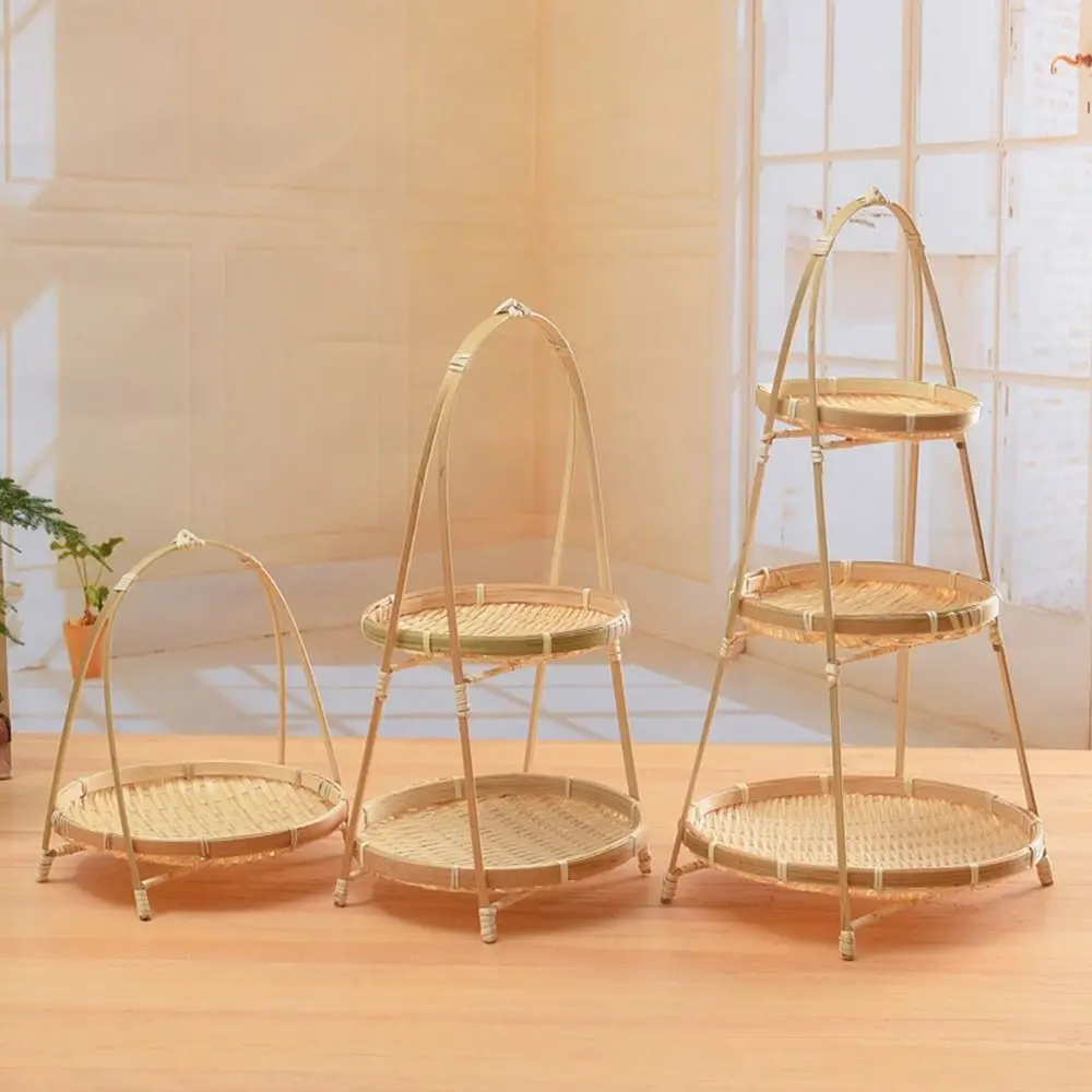 1Pcs New Fruit Food Vegetable Bamboo Woven Basket for Kitchen Multi-function Storage Basket 1/2/3 Layer Handwoven Standing Tray