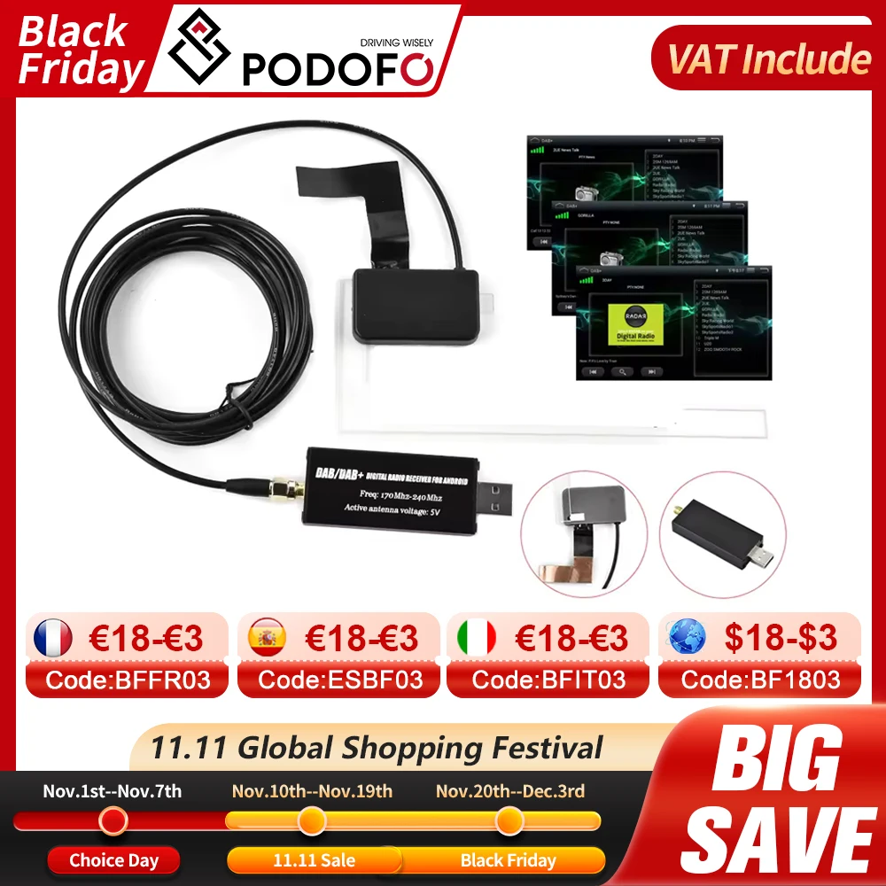 Module DAB universel Podofo pour voiture et appareil Android DAB-C1 avec DAB ETSI 300 401 TS102 563 DAB universel uniquement pour les pays de l'UE