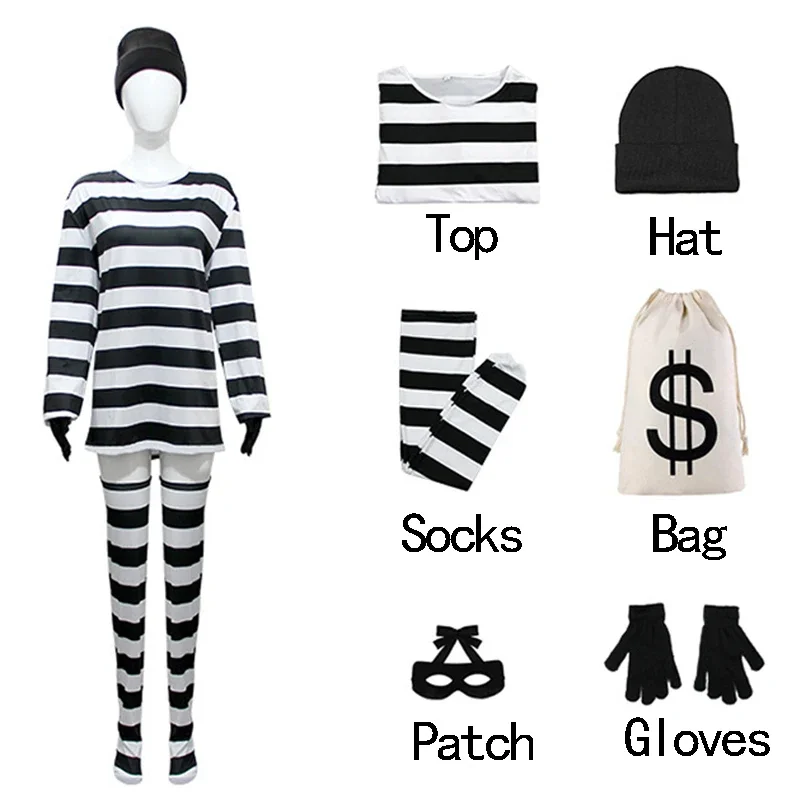 Costume de Cosplay de Voleur Convict pour Femme Adulte, Haut à Rayures, Chapeau Bas Trempé, Tenue de ixd'Halloween et de Carnaval