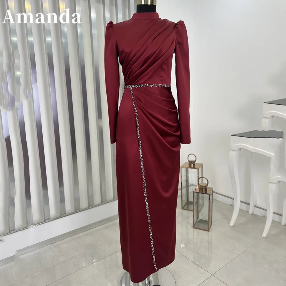 Amanda Muslim High Neck Prom Dress 2023 Elegant 3/4 Sleeve Evening Dress Burgundy Knee Lenght Party Dress فساتين مناسبة رسمية