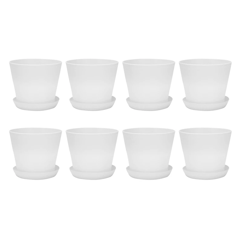 

8X Plastic Plant Flower Pot Planter With Saucer Tray Round Gloss Home Garden Decor, White Upper Caliber, 17Cm/6.69 Inch