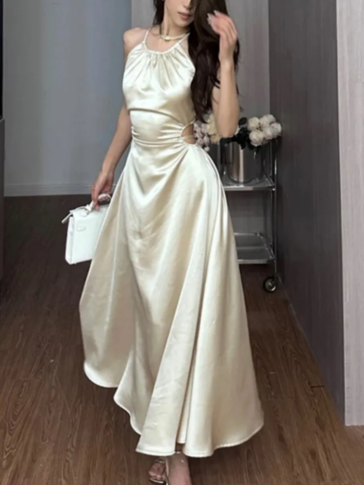 

Vintage Satin Midi Dresses for Women 2023 New Summer French Fold Hollow Out Elegant Prom Fashion Slim Casual Female Clothes Robe