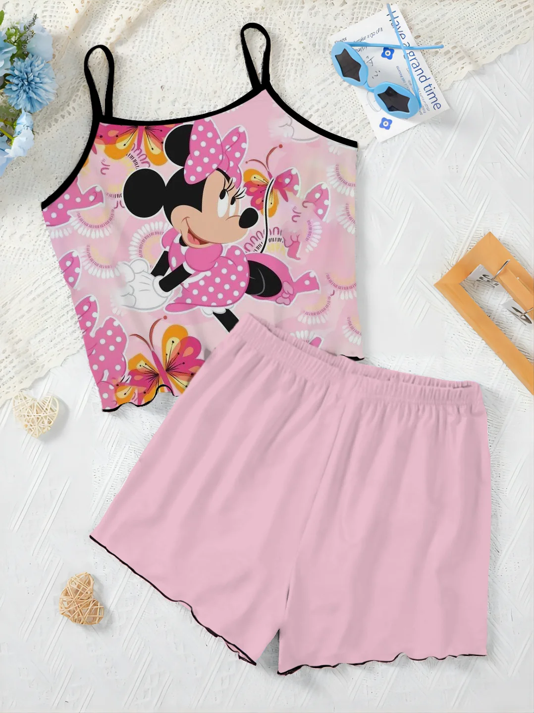 Pajama Skirt T-shirt Elegant Women's Sets Home Dress Minnie Mouse Mickey Lettuce Trim Disney Top Pieces Short Suit Disney Mickey