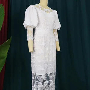 Vestido de renda branco elegante para mulheres, manga folhada, vestido de lápis bordado, tamanho grande, adequado para casamento, aniversário, roupas noturnas para senhoras, 4XL 8 principais vendas vestido feminino renda plus size - №8