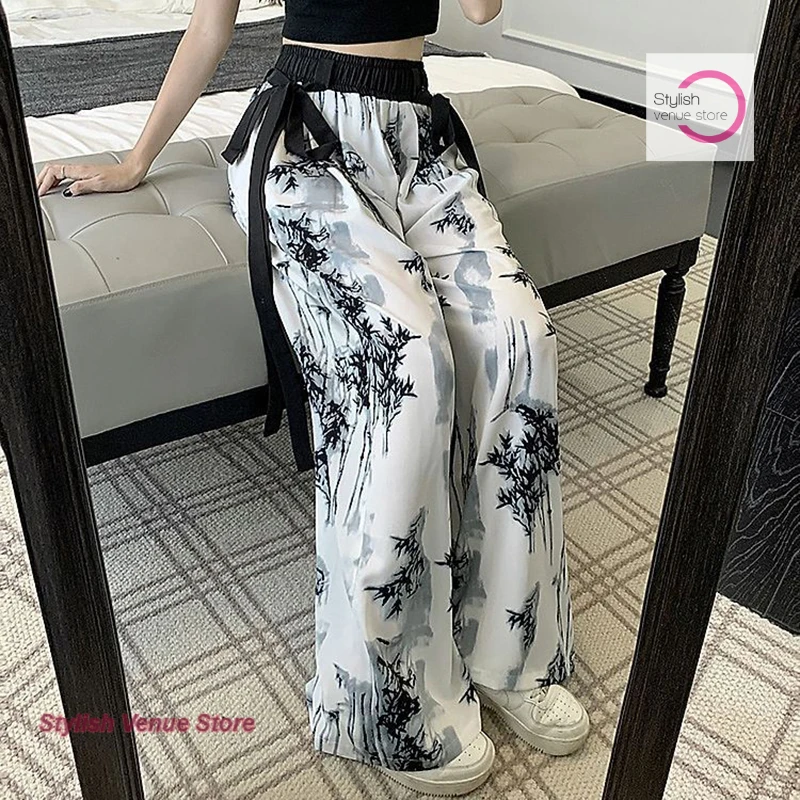 

New Chinese ink painting ice silk chiffon wide-leg pants women's summer drape pants plus size loose ribbon casual straight pants