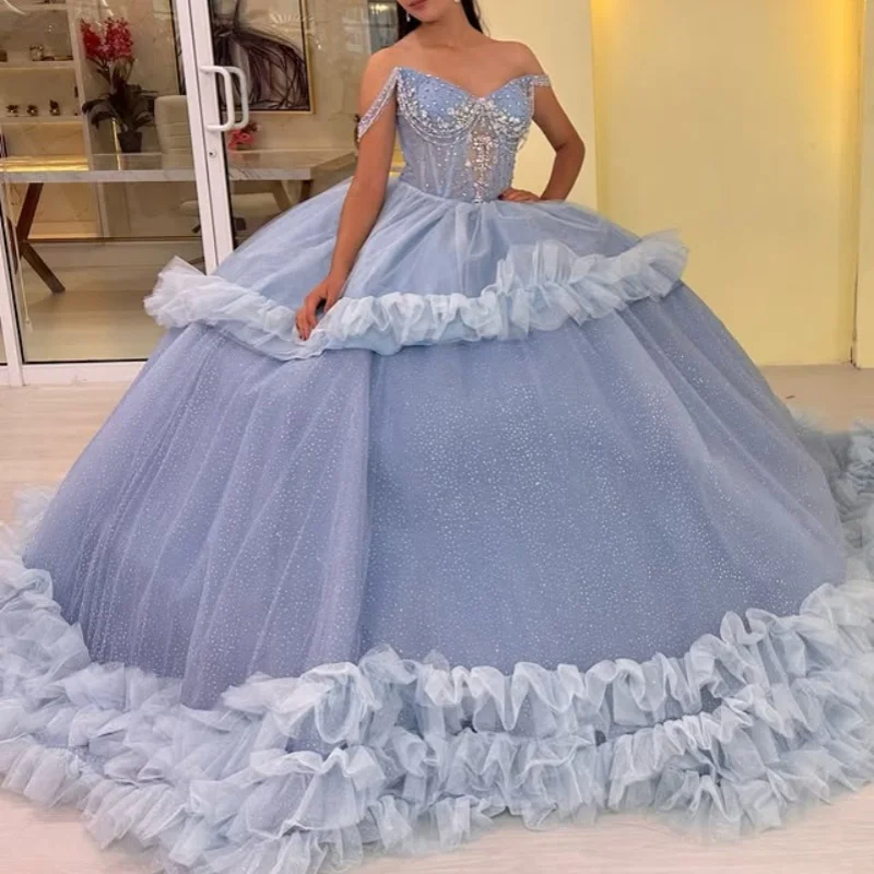 

Shiny haze blue Quinceanera Dress Crystal Glitter Decal Lace layering Long tail Vestidos De 15 Quinceanera ﻿Customize