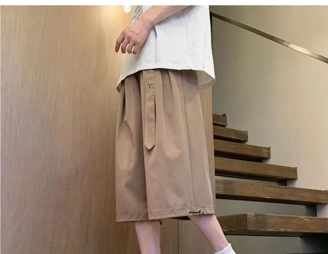 男性夏のハイストリートベルトカジュアルルーズソリッドカラー多用途ポケットスプライシングワイドレッグパンツ