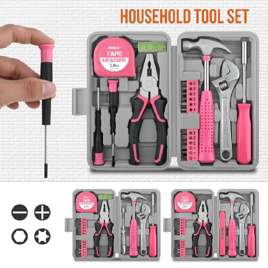 

Manual Tool S18/19/20PCs Pink DIY Tool Kit with Electric Pen & CR-V Steel - Home Maintenance Hand Tools Set for Women & Car Care