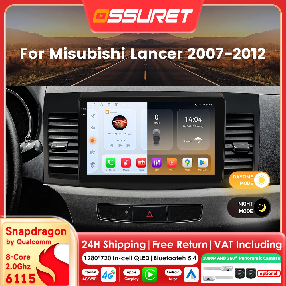 2DIN Carplay Android 14 Autoradio für Mitsubishi Lancer 2007-2012 Multimedia durch Snapdragon 8Core Autoradio GPS 360 Cam Bildschirm