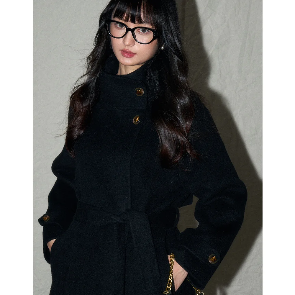 Light luxury high sense black 100% wool stand collar all-in-one long double-sided tweed coat