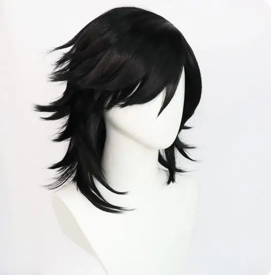 Synthetic 18inch Medium Length Black Straight Spiky Layered Alucard Cosplay Wig with Oblique Bangs for Halloween Christmas