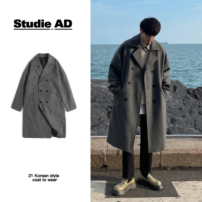 Winter Woolen Coat Men's Medium and Long Knee-length Suit Collar Double-breasted Woolen Trench Coat, Thickened Ins Trend