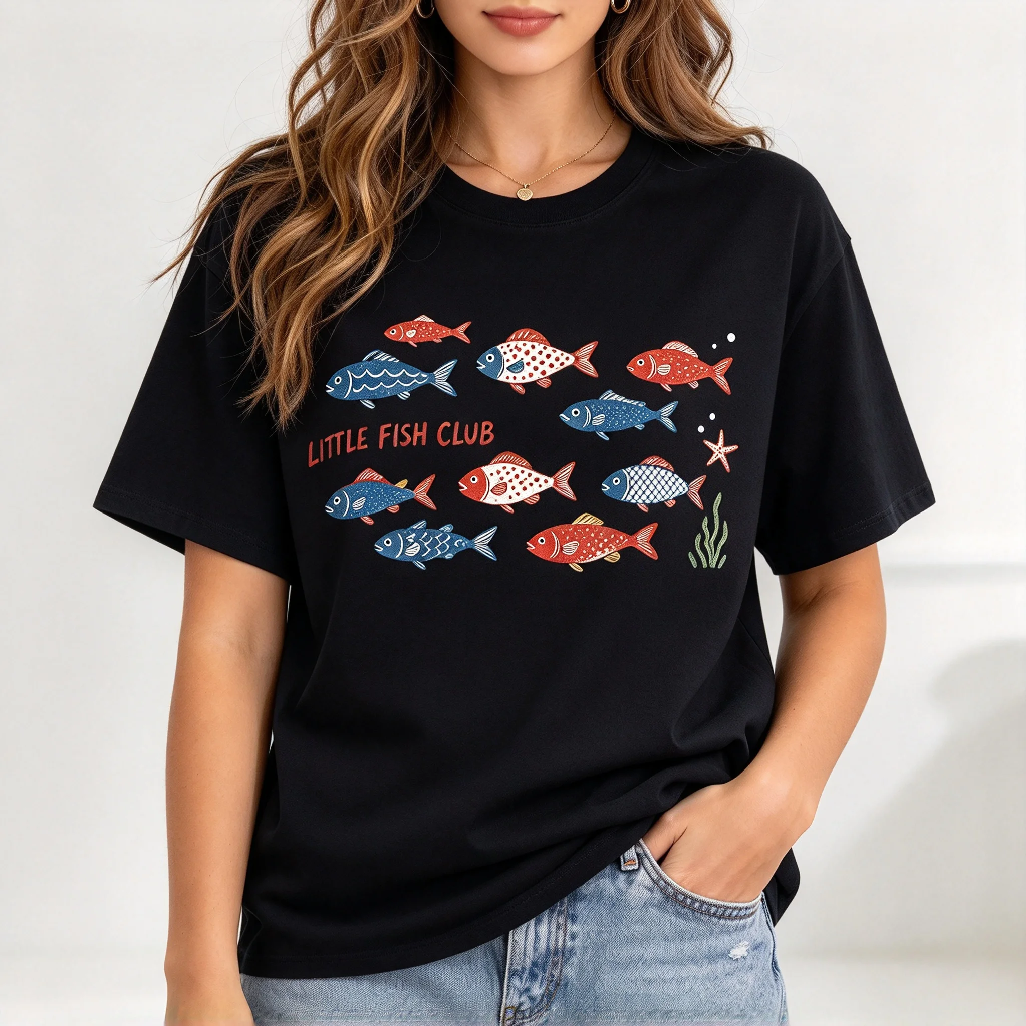 Women's Little Fish Club Ocean Fish Graphic T-Shirt Sea Creature Print Casual Short Sleeve