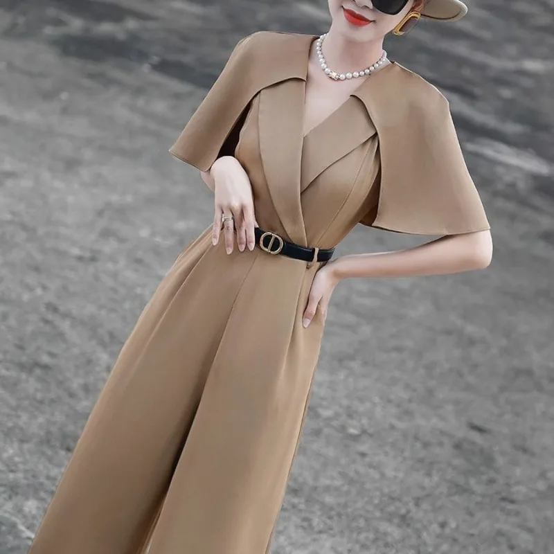 

New High End Fashion Women's Jumpsuit Elegant Office Lady Splicing Shawl Short Sleeve Slim Wide Leg Pants Rompers Elegant