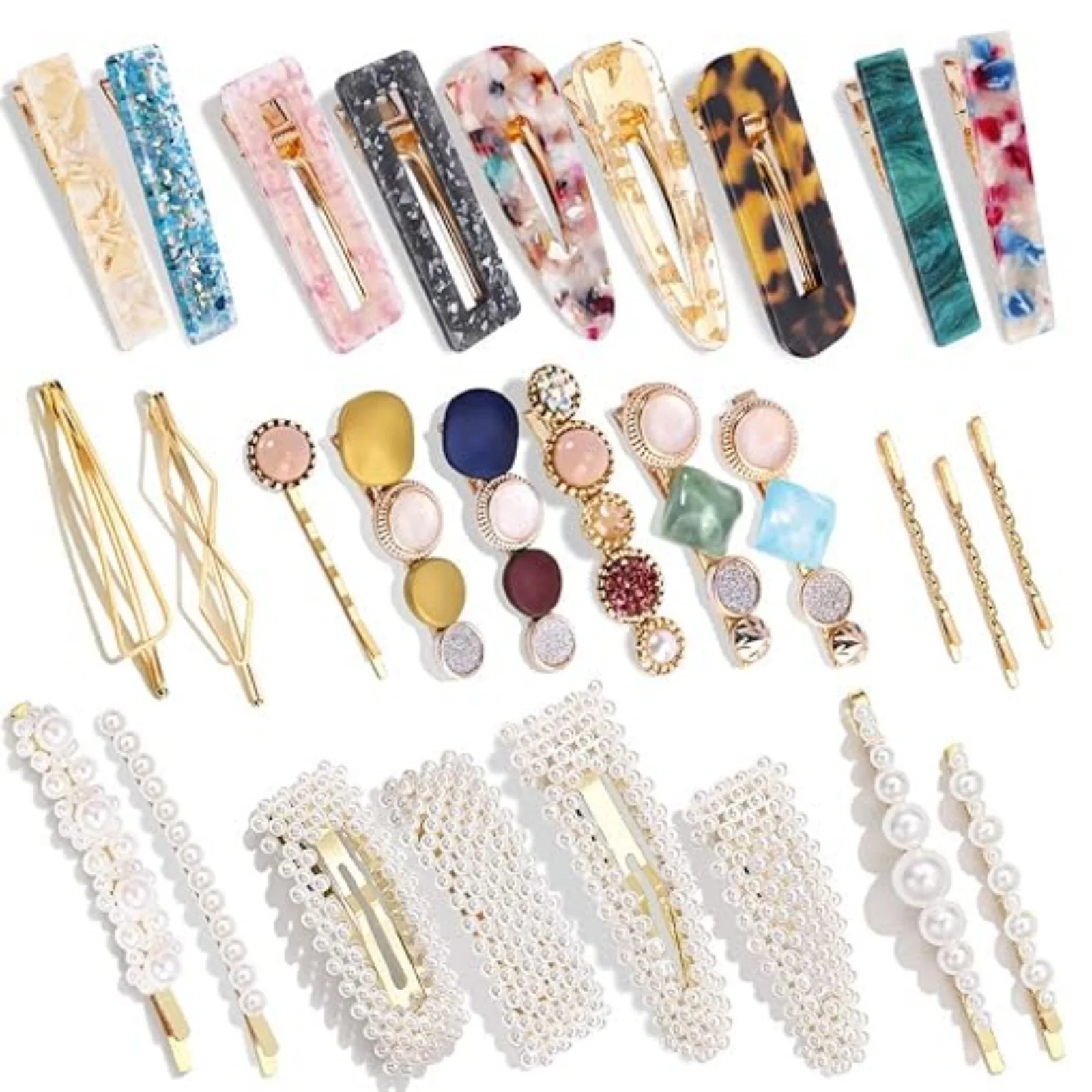 

30pcs Hingwah Hair Clip Set Pearl Acrylic Resin Hair Clips Marble Alligator Sparkly Crystal Elegant Gold Hair Accessories Gift