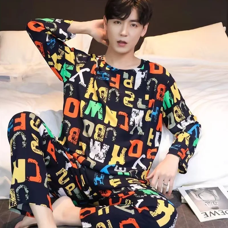 Procurement Products: Men's Pajamas: Long-sleeved Tops and Long Pants Youth Pajamas Set Spring and Autumn Style Casual Home Wear