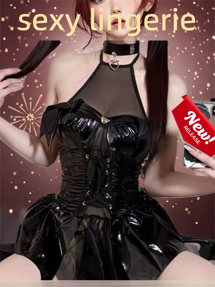 

18 + сексуальное порно нижнее белье из лакированной кожи, униформа демона, ролевая игра, страстный кожаный костюм с шейным ремешком, используемый для сексуальных занятий, хит продаж