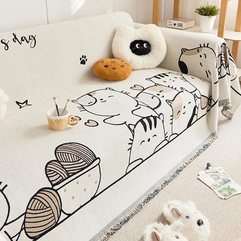 Cartoon Cat Chenille Sofa Cover, Full Coverage One-Piece, Anti-Slip & Cat Scratch Protector, Sofa Slipcover