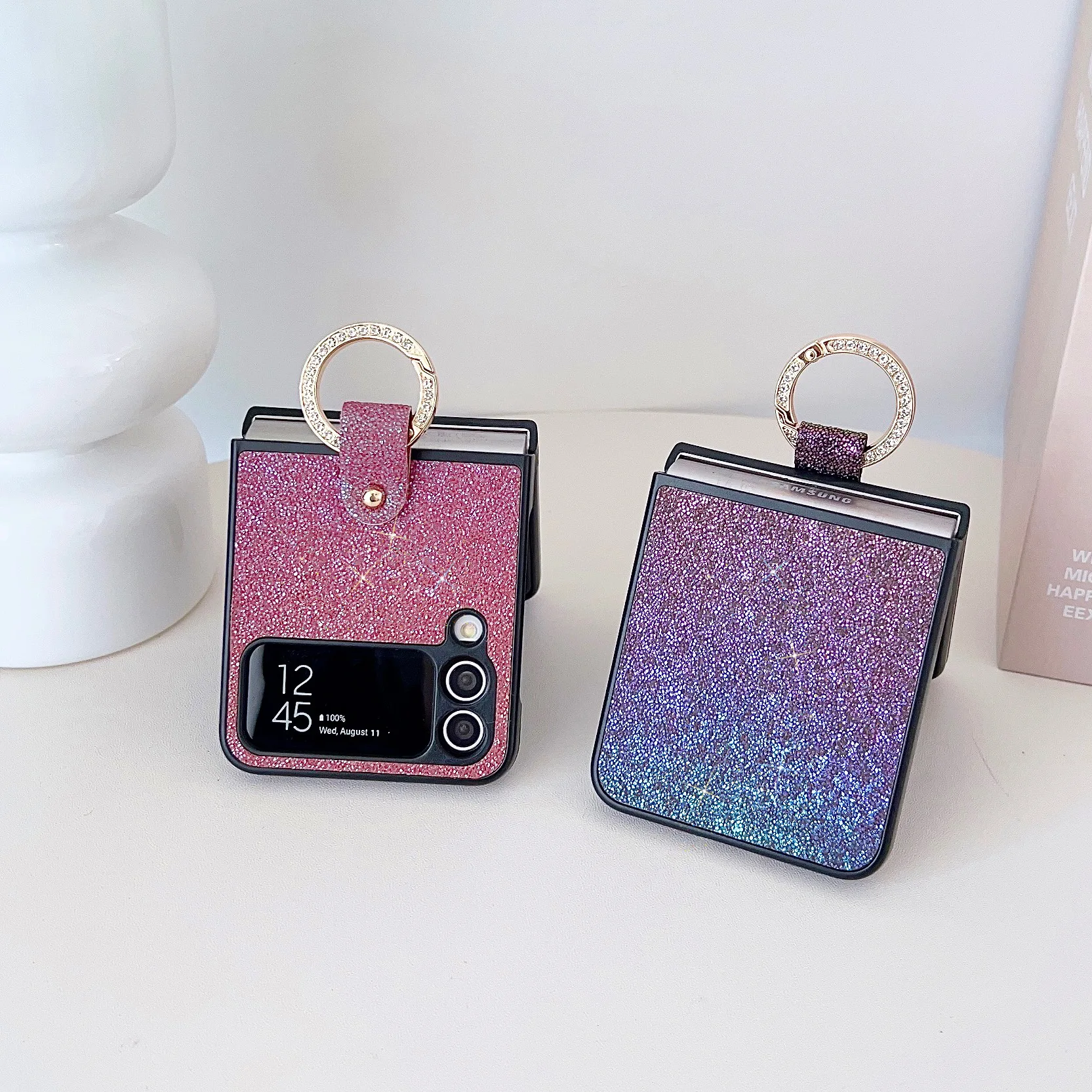 لسامسونج غالاكسي Z فليب 4 Z فليب 6 5 3 4 5 جرام P50 جيب جراب هاتف فاخر بلينغ بريق الغطاء الصلب مع حامل حلقة النساء فتاة