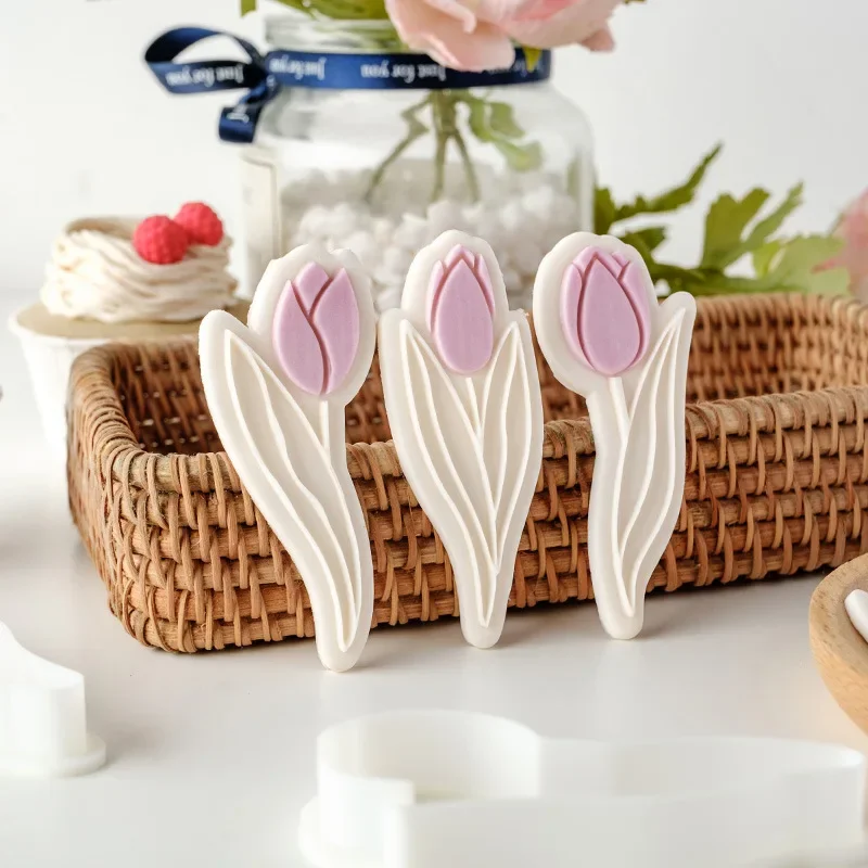 Tulip Flower Fondant Biscuit Mold Mom Birthday Flower Cookie Press Stamp DIY 3D Happy Mothers Day Dessert Pastry Craft Form 2023