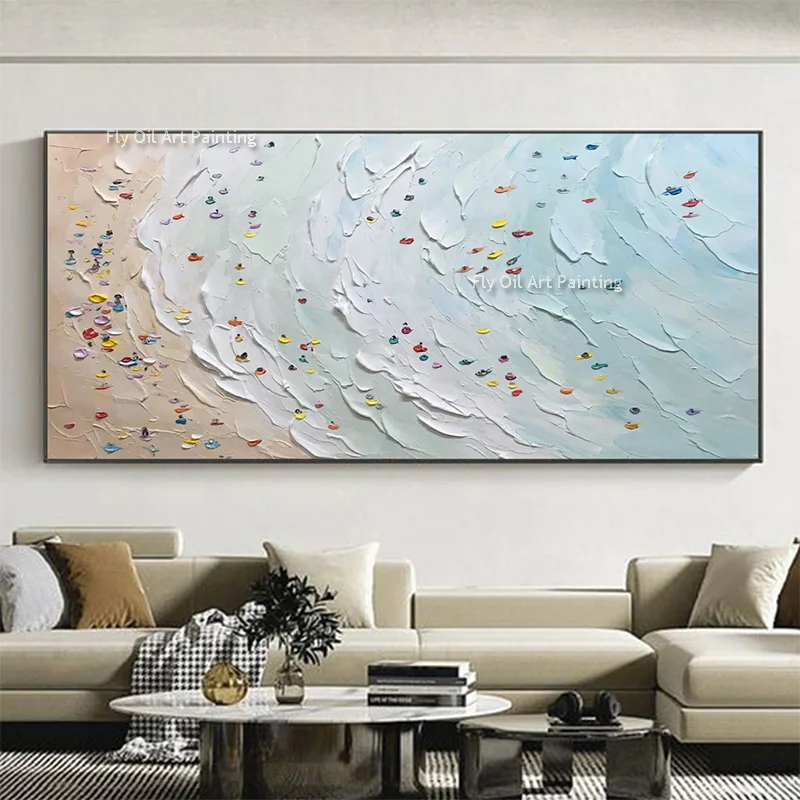 Modern Large Seascape Artwork People Play In The Sea Oil Painting Handmade White People Skiing Canvas Wall Art For Room Decor