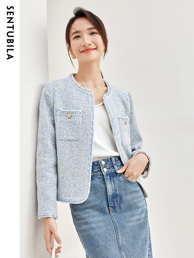 SENTUBILA Open Stitch Cropped Jacket Women 2024 Spring Autumn Elegant Round Neck Short Coat Female Tops New Outwear 134W51811