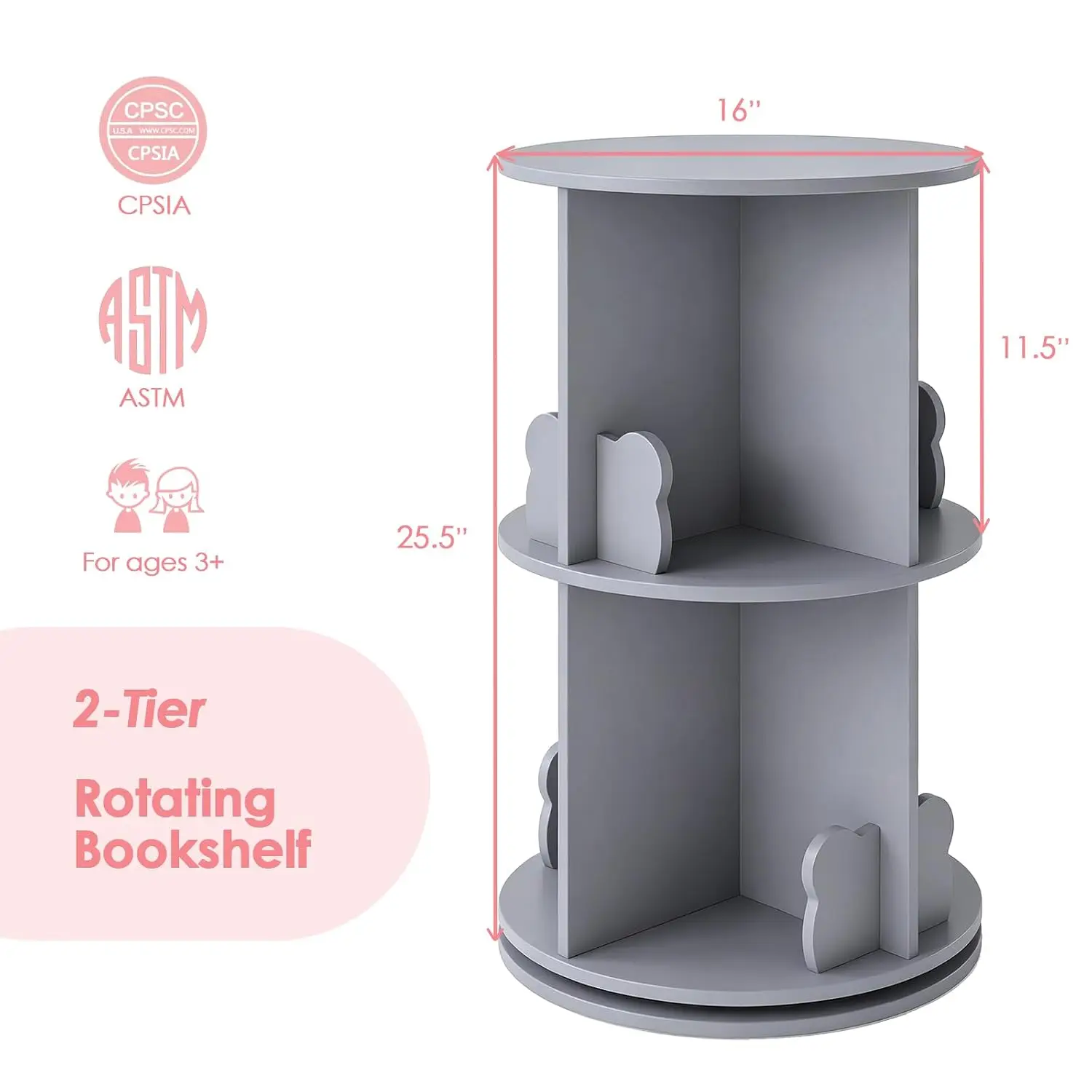 Kids Rotating Bookshelf Wooden Spinning Corner Organizer w/Baffles 360° Display Toddler Shelf Nursery 2-Tier, Customized