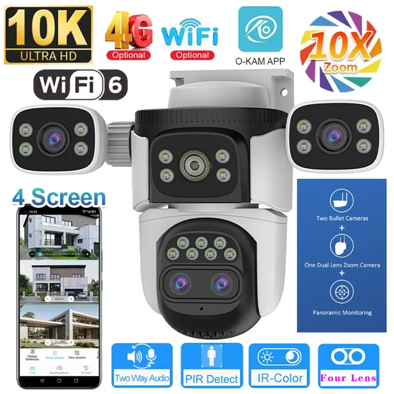 WiFi IP Cameras 10K Four Screens 10X Zoom Outdoor 20MP Four Lens PTZ Human Two Way Audio Auto Tracking Security Surveillance Cam