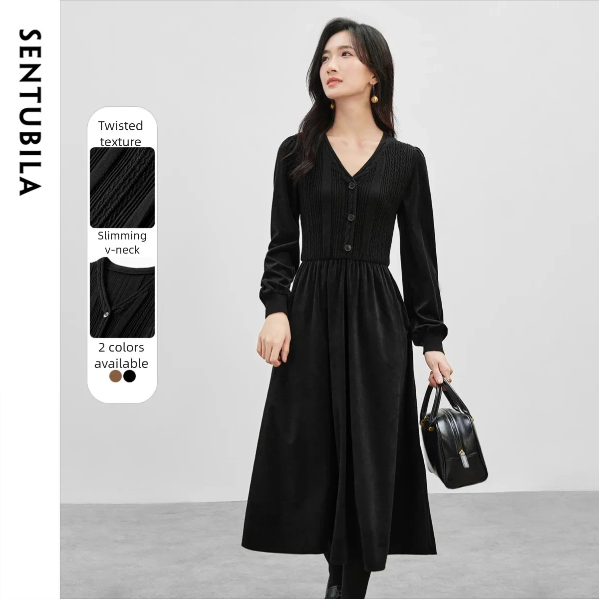

SENTUBILA Long Sleeve Dresses Women Corduroy 2025 Autumn Patchwork Knitted V Neck Dress Office Lady Elegant Midi Dress 744L57395