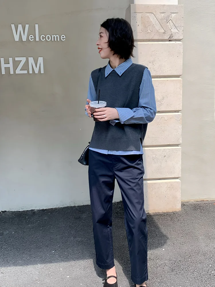 

Свободный вязаный жилет из шерсти для женщин, с круглым вырезом, бежевый, осенний, модный, повседневный, удобный, из смесового полиэстера