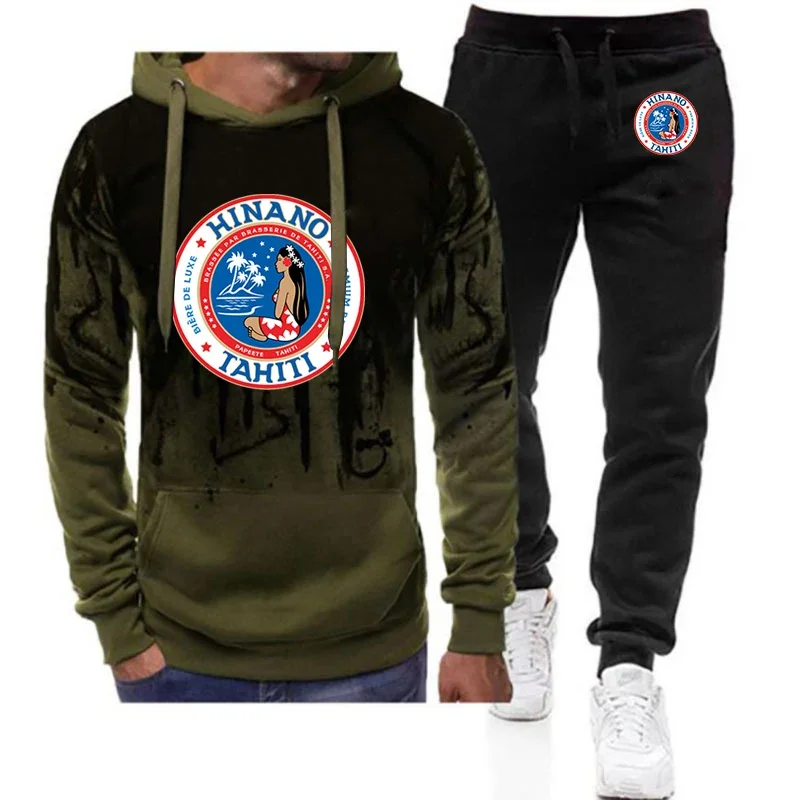 

2024 Hinano Tahiti Beer Logo Print Spring Autumn Men Hooded Long Sleeve Gradient Color Hoodies+Casual Drawstring Sweatpants Sets