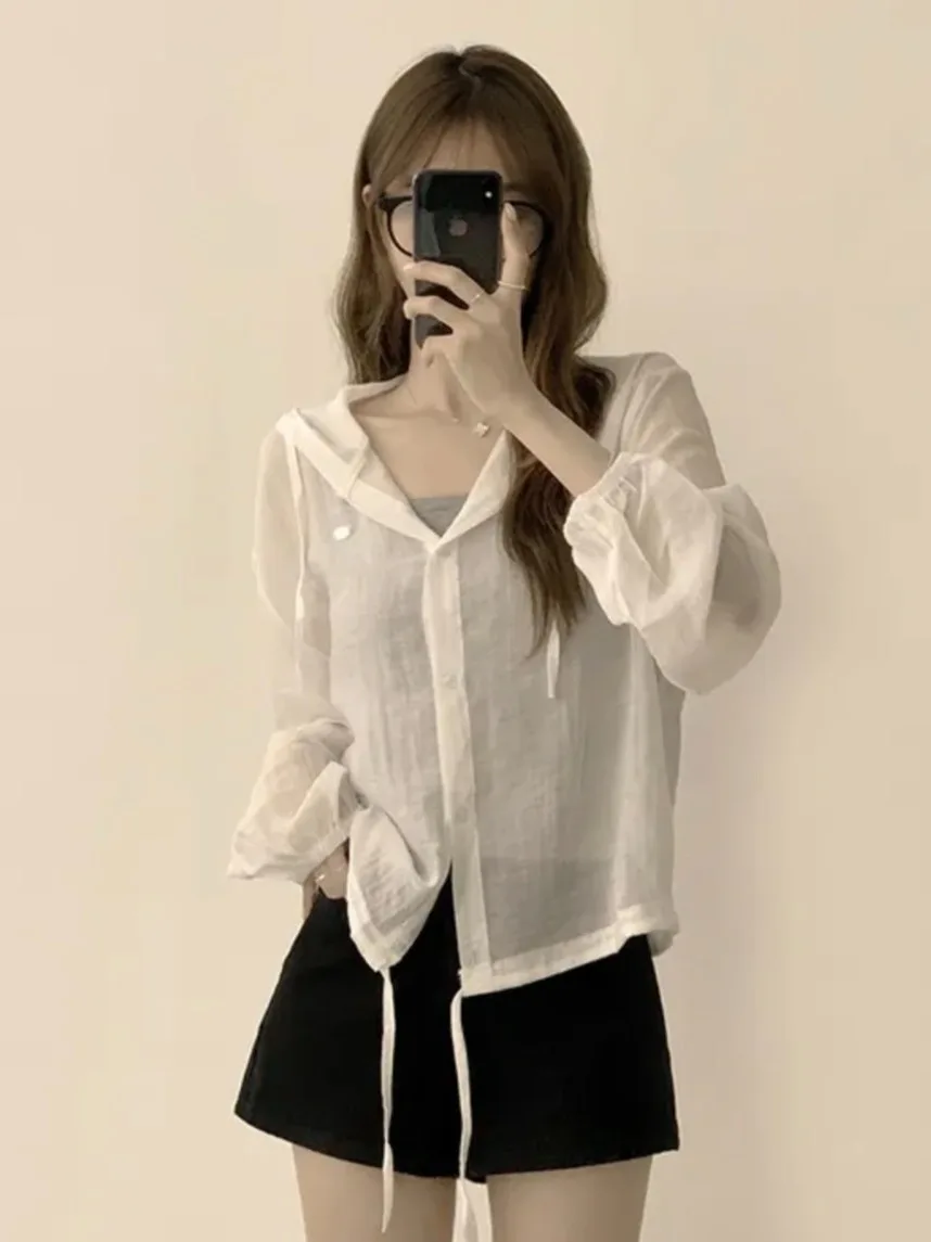 Koreaanse Sle Faion enkele knop UV-bescherming chiffon top met capuchon dames vroege herfst lang Sve lichtgewicht veelzijdig...