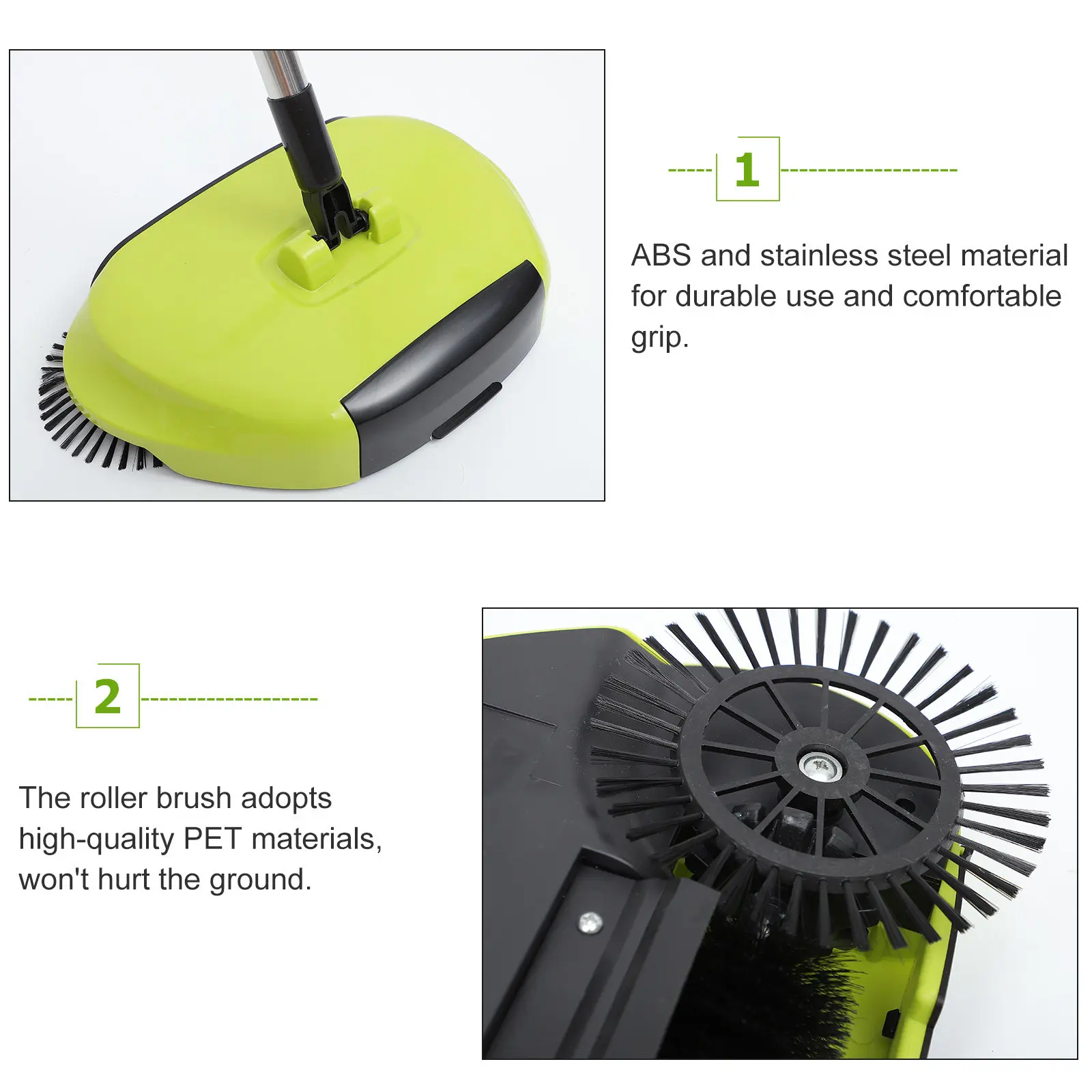 

Multi-Function 3 in 1 Hand Push Sweeper Green Adjustable Handle 360 Degree Rotation Floor Sweeper Broom Dustpan Trash Bin Push