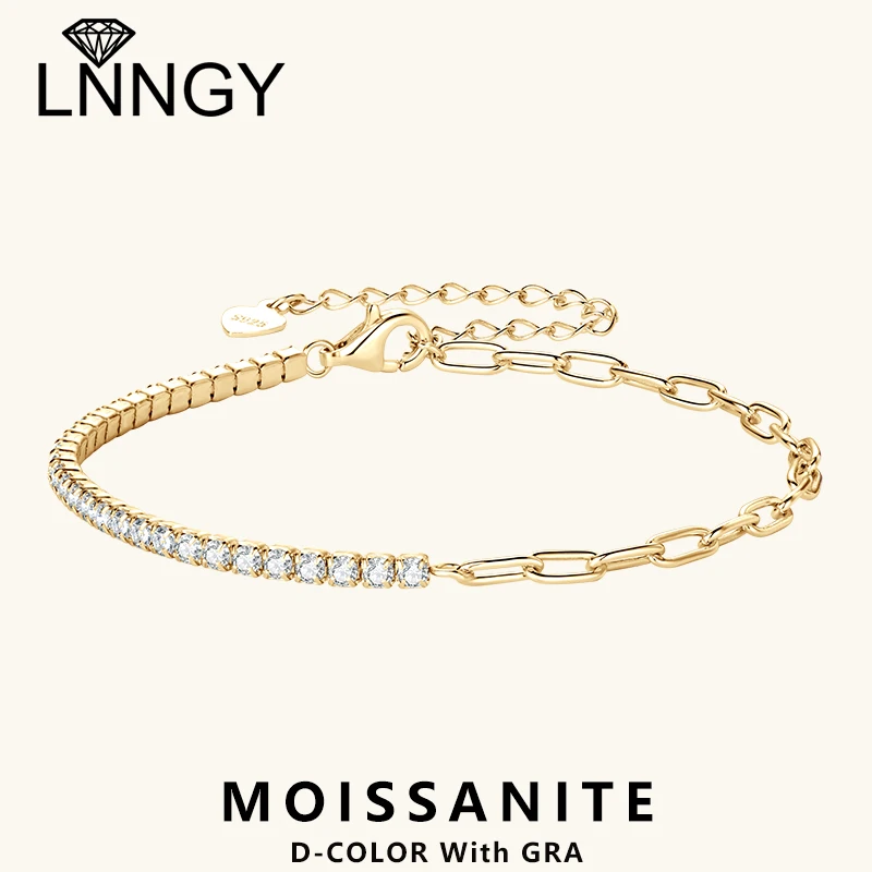 Lnngy 2mm Moissanite Bracelet Korean Ins 925 Sterling Silver Paper Clip Chain Adjustable Bracelets For Women Simple Hand Jewerly