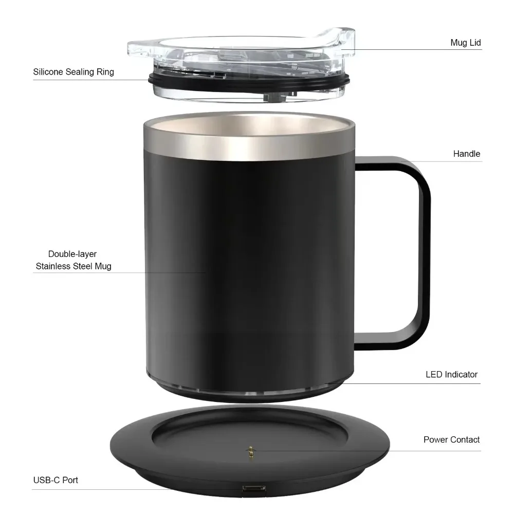 Self-Heating Coffee Mug - 12oz USB Electric Heated Mug Heat 131-149℉ Smart Warming Travel Mug Double Layer Food Grade Cup Warmer